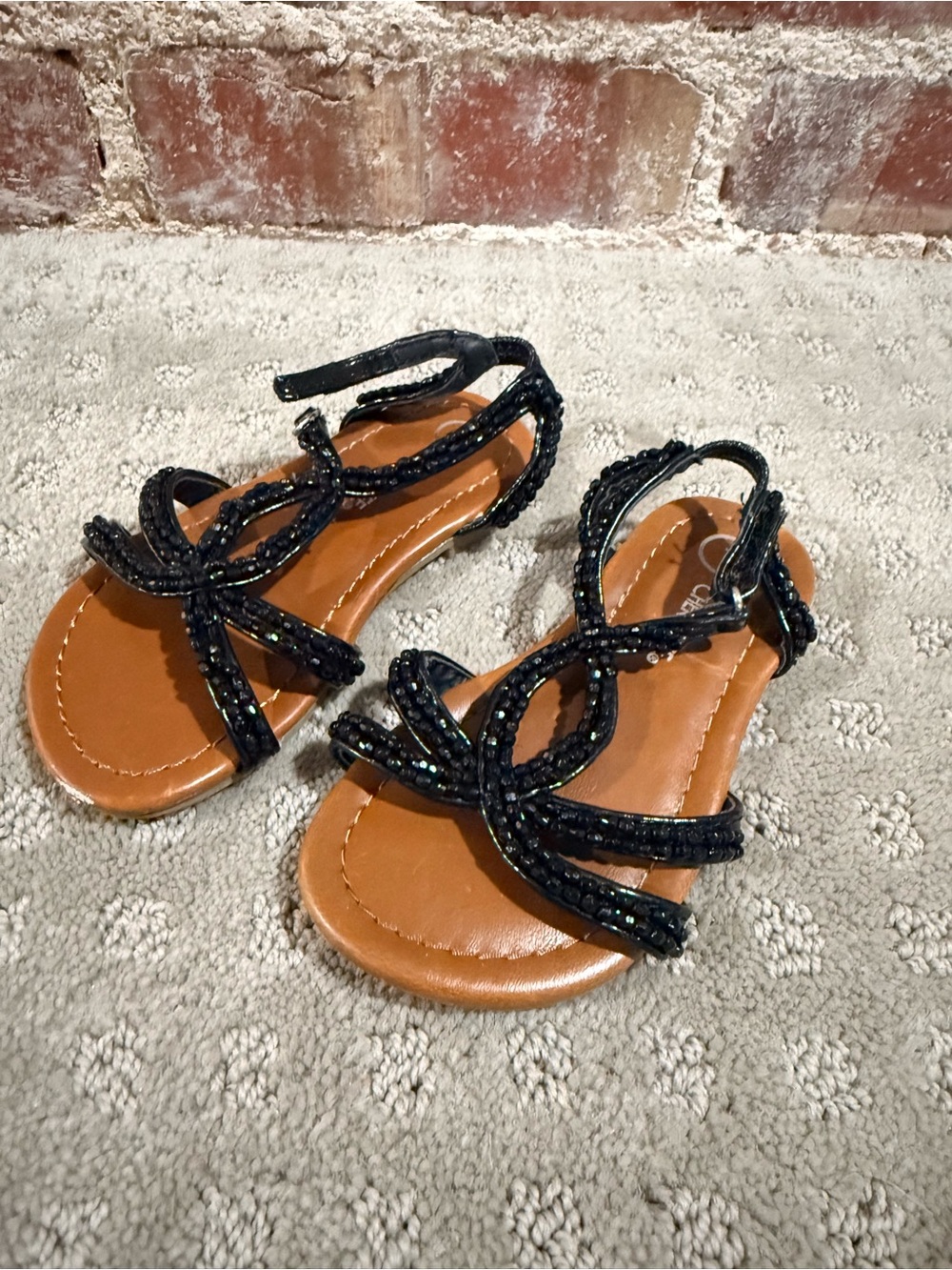 Cherokee Black Beaded Strappy Sandals with Tan Footbed